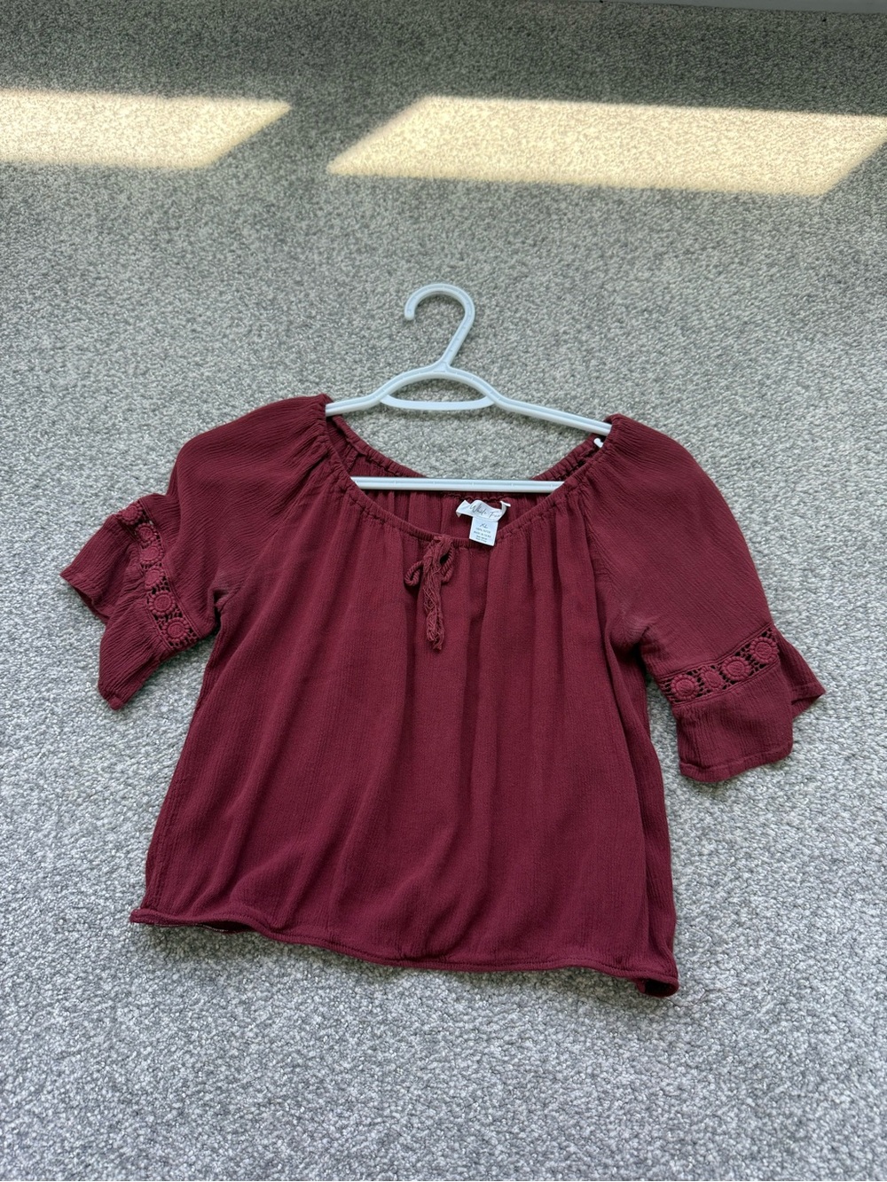 Women’s Burgundy Blouse Top with Lace-Sleeve Detail